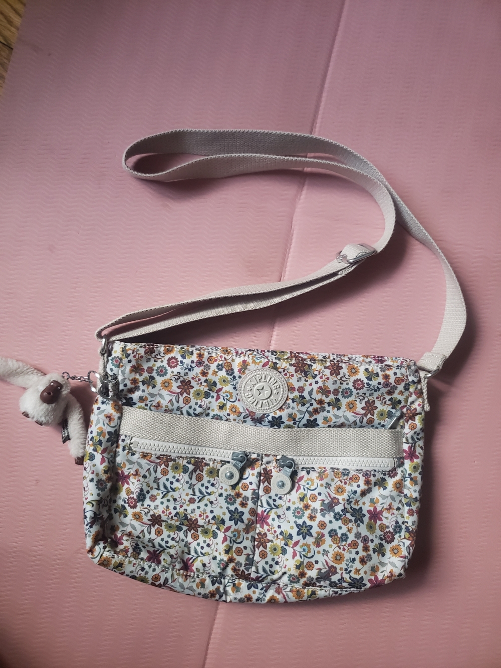Kipling Angie Crossbody Bag Cream Multicolor Floral Nylon Shoulder Purse